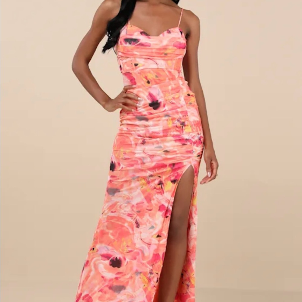 New (WO tags) - Lulu's Vibrant Pink/Orange Floral Maxi Dress